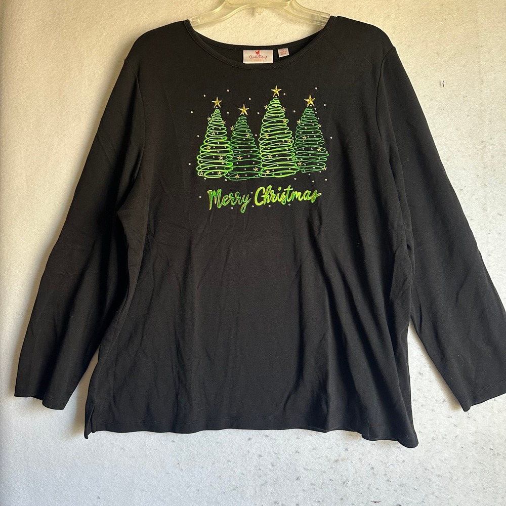 Quacker Factory Christmas Trees Rhinestone Embroidered Top Black XL Long Sleeve